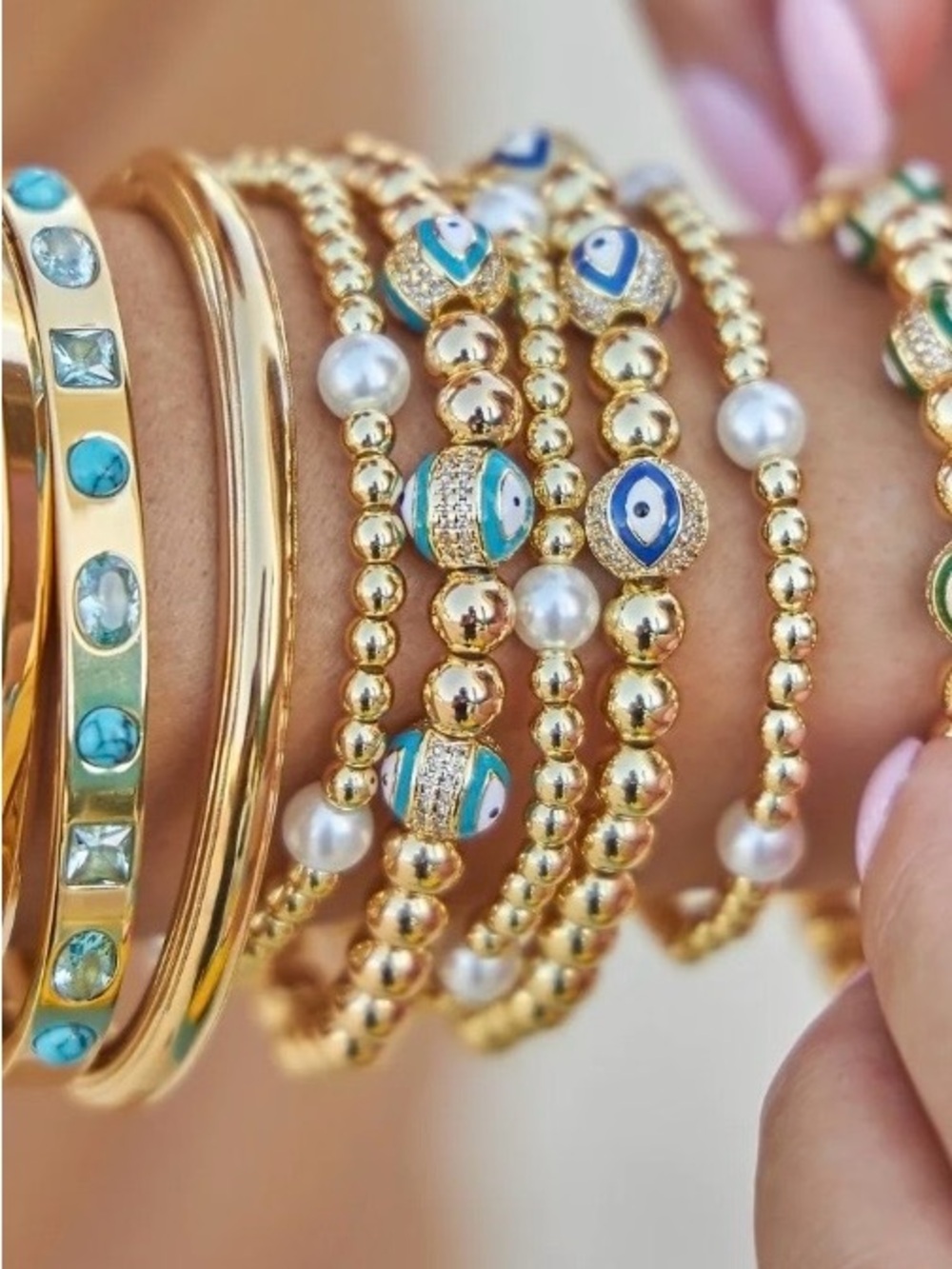 Gold Beaded Bracelet Set with Blue Evil Eye and Pearl
